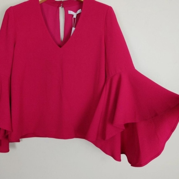 NWT New WAYF Ryan Medium Fuchsia Pink Choker Bell Statement Sleeve V-Neck Top - Picture 7 of 8